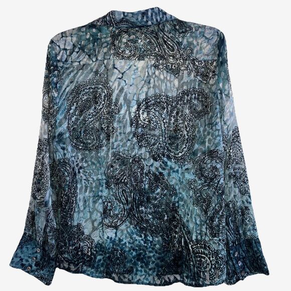 CHICO'S sz M sz 1 Blue Burn Out Crush Velvet Tab Sleeve Button Tunic Blouse - Picture 4 of 6